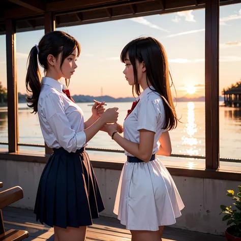 (masterpiece, best quality), perfect anatomy, perfect hands, two school girls are deeply in love with each other, romantic atmos...