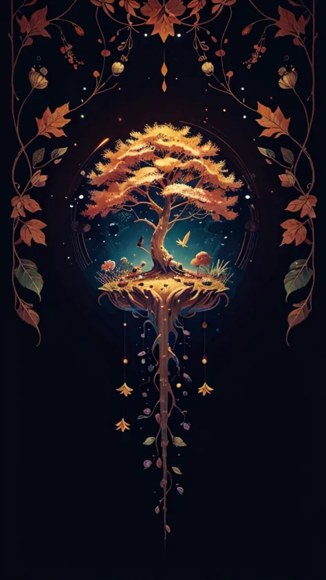 circular tree,four seasons,spring,summer,autumn,winter,leaves,roots,branches,trunk,ornate border,decorative,digital illustration...