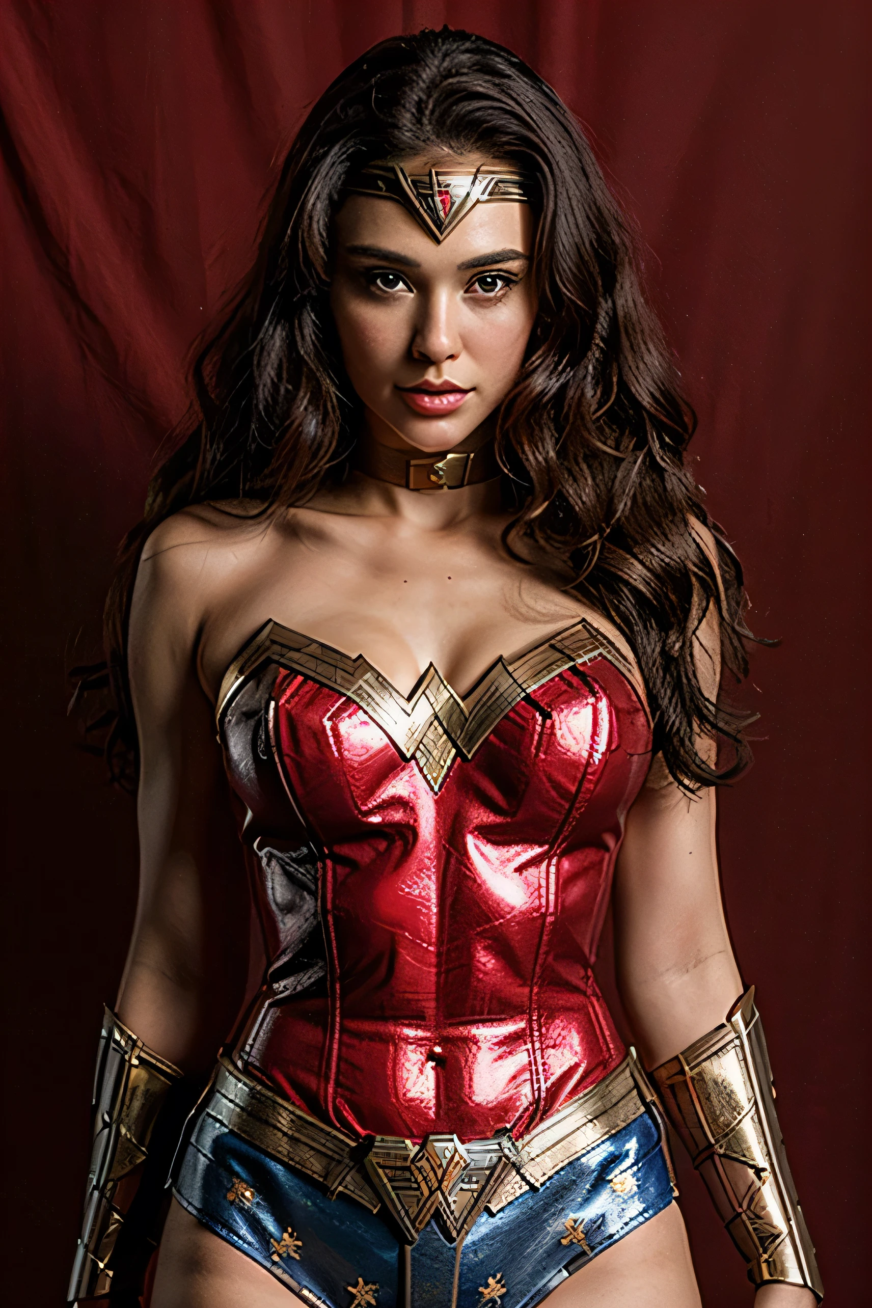  belle jeune de 18 ans, très beau, avec un visage parfait, avec un costume de Wonder Woman, avec fond rouge 