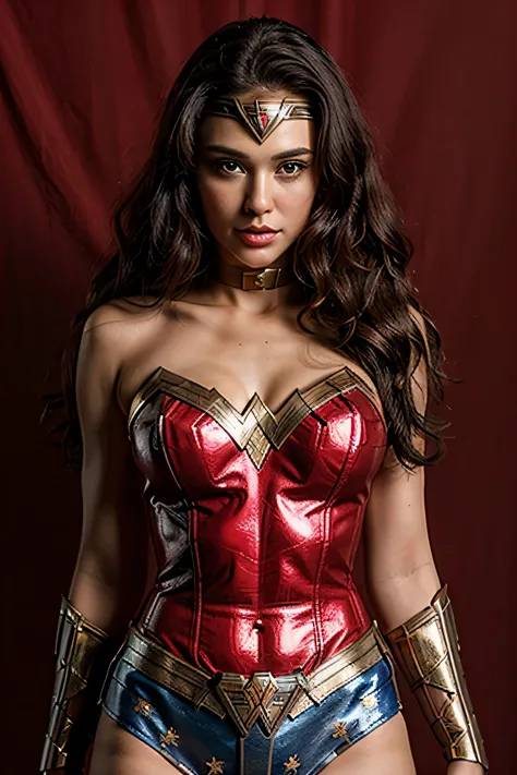  beautiful 18 year old, very beautiful, with perfect face, with a wonder woman costume, with red background 