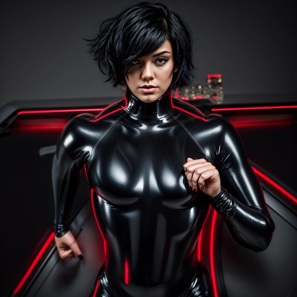 Hermosa mujer con cabello negro corto y cuerpo increíble vistiendo un traje de cuerpo completo de látex gris oscuro con letras rojas de neón