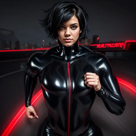 Beautiful woman with short black hair and amazing body wearing a dark gray latex full body catsuit with red neon letters
