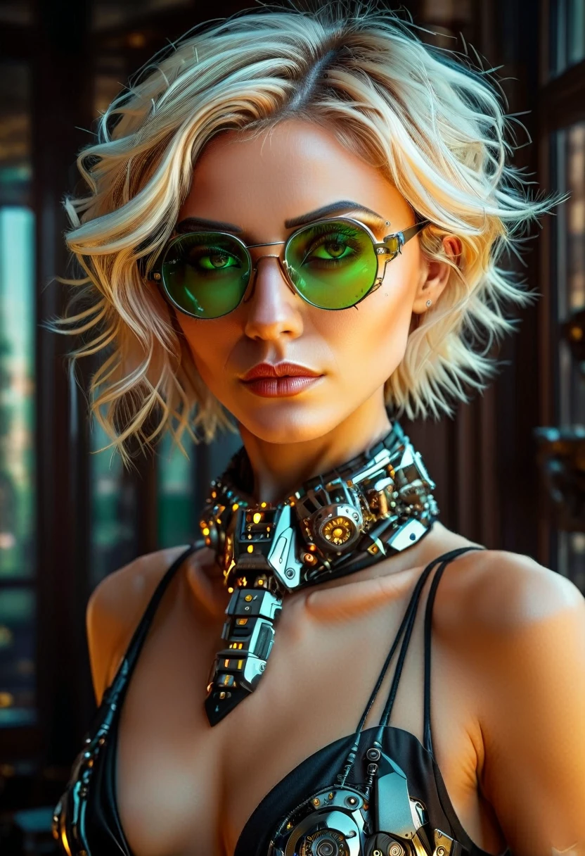 Arafed ein Bild einer menschlichen Spionin, Tragen dark suit, Tragen ((Mecha-Brille: 1.5))exquisite schöne Frau, blondes Haar, kurzes Haar, grüne Augen, dynamische Haarfarbe, dynamische Frisur, (Tragen elegant intricate details glasses: 1.3), dynamische Farbbrille, Brille im dynamischen Stil, Gläser haben komplizierte mechanische Teile darin, Hintergrund einer High-Society-Galaveranstaltung, (Meisterwerk: 1.5),  beschwingt, ultrahohe Auflösung, Hoher Kontrast, Meisterwerk:1.2, höchste Qualität, Beste Ästhetik), beste Details, beste Qualität, highres, Ultraweitwinkel, 16k, [Extrem detailliert], Meisterwerk, beste Qualität, (Extrem detailliert), Mechanische Kreaturen