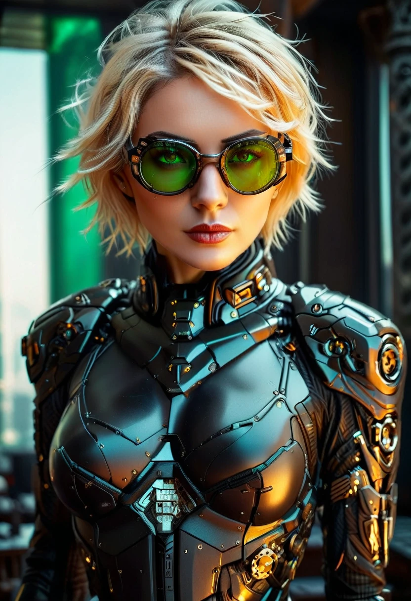 Arafed ein Bild einer menschlichen Spionin, Tragen dark suit, Tragen ((Mecha-Brille: 1.5))exquisite schöne Frau, blondes Haar, kurzes Haar, grüne Augen, dynamische Haarfarbe, dynamische Frisur, (Tragen elegant intricate details glasses: 1.3), dynamische Farbbrille, Brille im dynamischen Stil, Gläser haben komplizierte mechanische Teile darin, Hintergrund einer High-Society-Galaveranstaltung, (Meisterwerk: 1.5),  beschwingt, ultrahohe Auflösung, Hoher Kontrast, Meisterwerk:1.2, höchste Qualität, Beste Ästhetik), beste Details, beste Qualität, highres, Ultraweitwinkel, 16k, [Extrem detailliert], Meisterwerk, beste Qualität, (Extrem detailliert), Mechanische Kreaturen