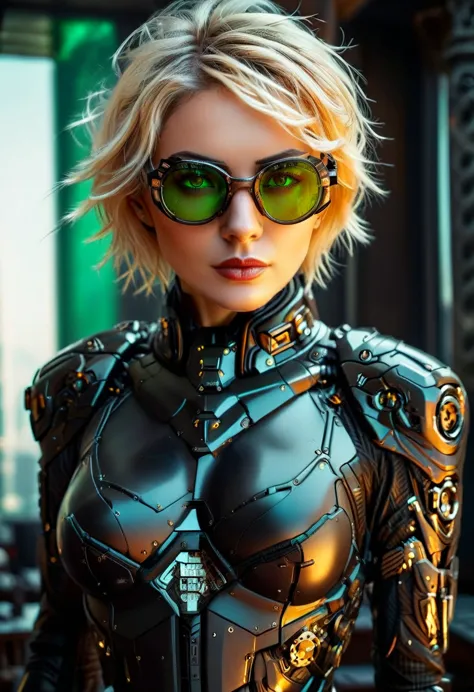 Arafed a picture of a human female spy, wearing dark suit, wearing ((mecha glasses: 1.5))exquisite beautiful female, blond hair,...