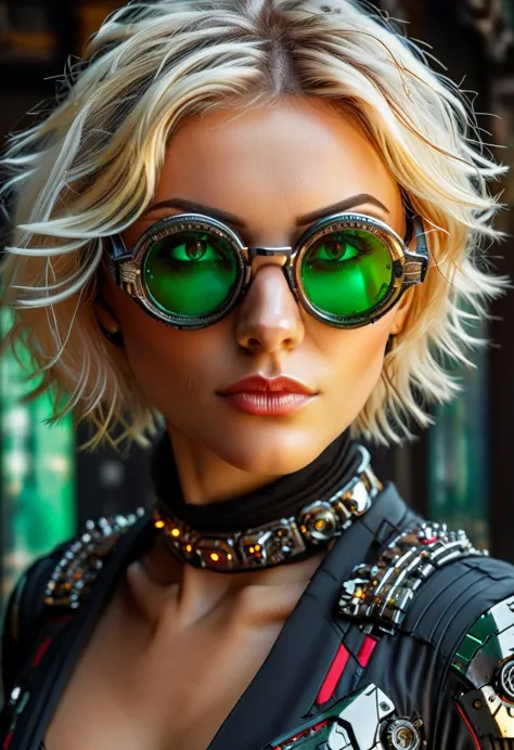 Arafed a picture of a human female spy, wearing dark suit, wearing ((mecha glasses: 1.5))exquisite beautiful female, blond hair,...