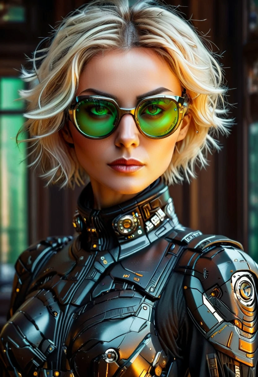 Arafed a picture of a human female spy, wearing dark suit, wearing ((mecha glasses: 1.5))exquisite beautiful female, blond hair, short crop hair, green eyes, dynamic hair color, dynamic hair style, (wearing elegant intricate details glasses: 1.3), dynamic color glasses, dynamic style glasses, glasses has intricate mechanical part in it, a high society gala event background, (Masterpiece: 1.5),  Vibrant, Ultra-high resolution, High Contrast, masterpiece:1.2, highest quality, Best aesthetics), best details, best quality, highres, ultra wide angle, 16k, [ultra detailed], masterpiece, best quality, (extremely detailed), Mechanical Creatures