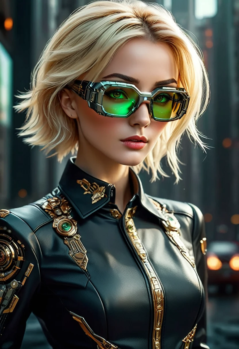 Arafed a picture of a human female spy, wearing dark suit, wearing ((mecha glasses: 1.5))exquisite beautiful female, blond hair, short crop hair, green eyes, dynamic hair color, dynamic hair style, (wearing elegant intricate details glasses: 1.3), dynamic color glasses, dynamic style glasses, glasses has intricate mechanical part in it, a high society gala event background, (Masterpiece: 1.5),  Vibrant, Ultra-high resolution, High Contrast, masterpiece:1.2, highest quality, Best aesthetics), best details, best quality, highres, ultra wide angle, 16k, [ultra detailed], masterpiece, best quality, (extremely detailed), Mechanical Creatures