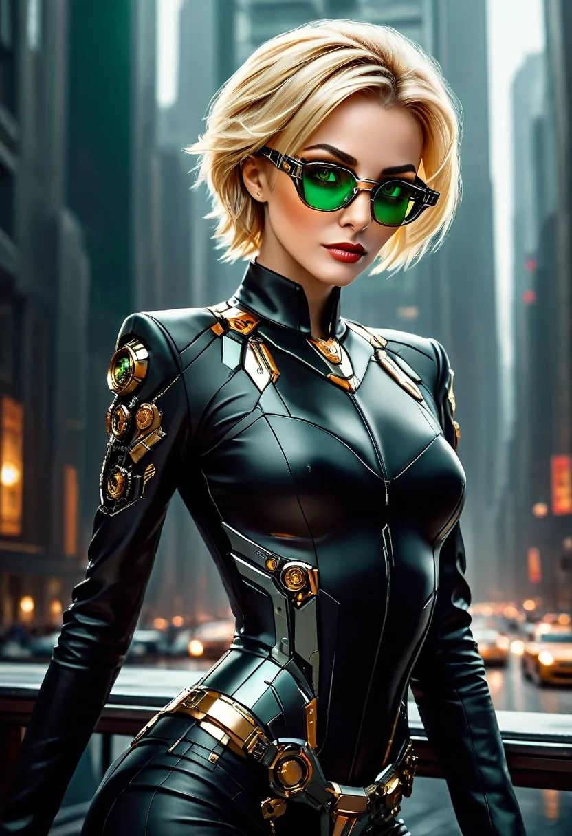 Arafed a picture of a human female spy, wearing dark suit, wearing ((mecha glasses: 1.5))exquisite beautiful female, blond hair, short crop hair, green eyes, dynamic hair color, dynamic hair style, (wearing elegant intricate details glasses: 1.3), dynamic color glasses, dynamic style glasses, glasses has intricate mechanical part in it, a high society gala event background, (Masterpiece: 1.5),  Vibrant, Ultra-high resolution, High Contrast, masterpiece:1.2, highest quality, Best aesthetics), best details, best quality, highres, ultra wide angle, 16k, [ultra detailed], masterpiece, best quality, (extremely detailed), Mechanical Creatures