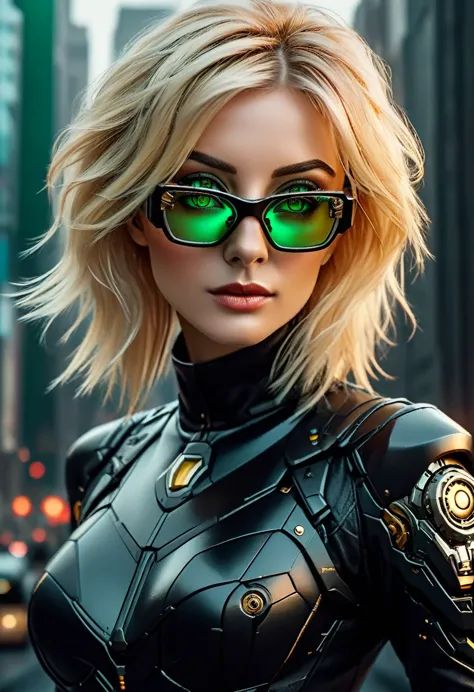 arafed a picture of a human female spy, wearing dark suit, wearing ((mecha glasses: 1.5))exquisite beautiful female, blond hair,...