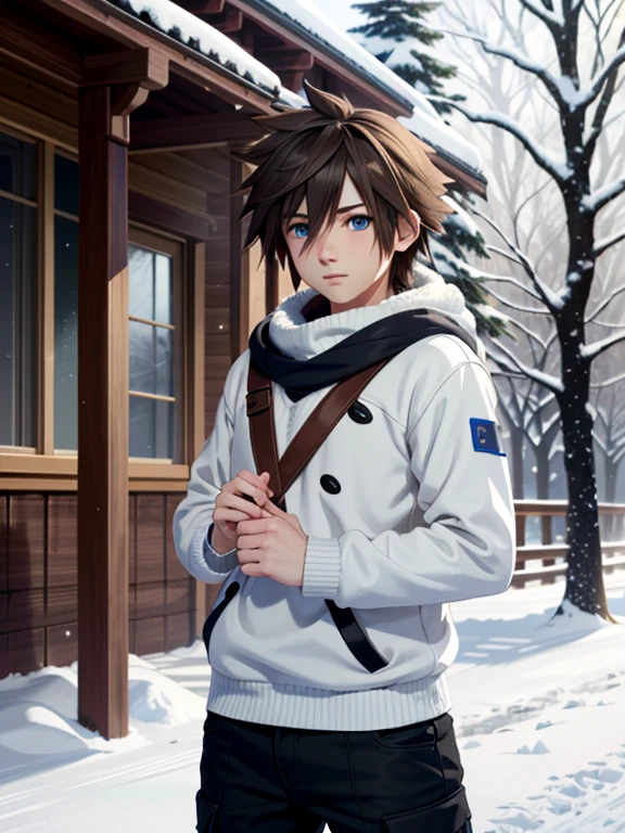 ((ultra detailed, masterpiece, absurdres))
 KHSora, 1boy, solo, brown hair, blue eyes, spiked hair, Ski lodge, winter setting, standing with snow-covered trees, cozy sweater, warm charm