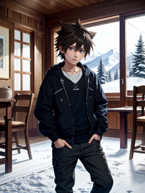 ((ultra detailed, masterpiece, absurdres))
 KHSora, 1boy, solo, brown hair, blue eyes, spiked hair, Ski lodge, winter setting, standing with snow-covered trees, cozy sweater, warm charm