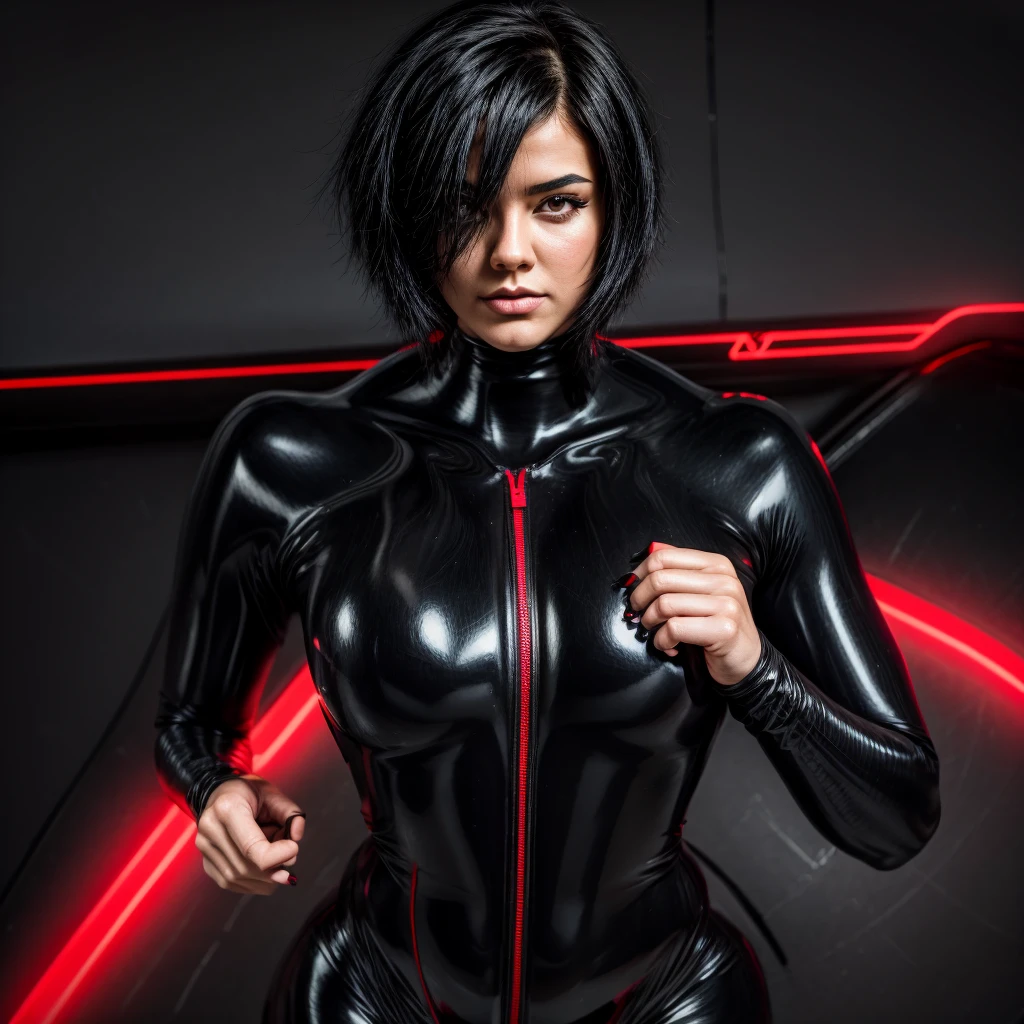 Beautiful woman with short black hair and amazing body wearing a dark gray latex full body catsuit with red neon letters
