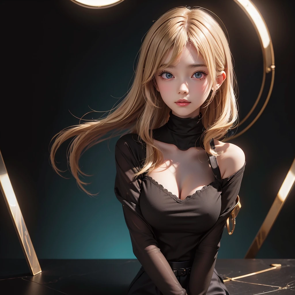 Polychrome, One Girl, night, dark, blonde, Show Viewer,  In-person audience, Limited Edition Palette, Black background, Shine,(Highly detailed CG Unity 8k wallpaper),(masterpiece), (Highest quality), (Vaporwave Style), (Super detailed), (Best illustrations),(Best Shadow),Perfect lighting , Perfect Anatomy , Vibrant colors、