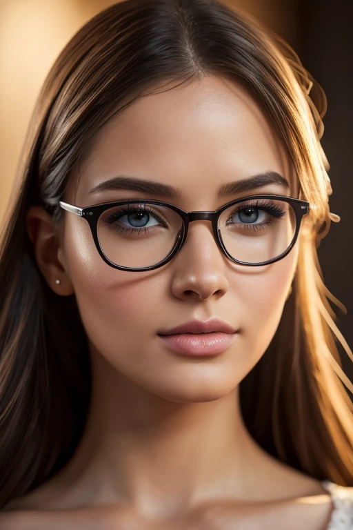 a girl wearing glasses, beautiful detailed eyes, beautiful detailed lips, extremely detailed face, longeyelashes, intricate hairstyle, delicate facial features, soft lighting, warm color tones, cinematic composition, digital painting, highly detailed, 8k, ultra-detailed, (best quality,4k,8k,highres,masterpiece:1.2),ultra-detailed,(realistic,photorealistic,photo-realistic:1.37),HDR,UHD,studio lighting,extreme detail description,professional,vivid colors,portrait