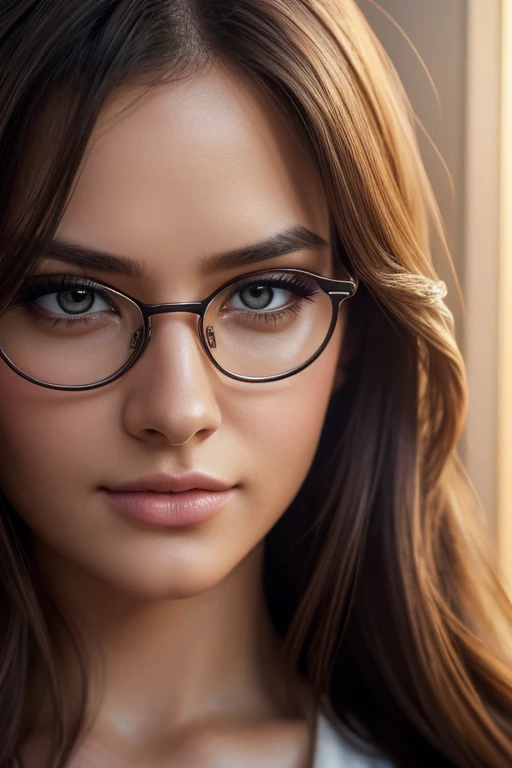 a girl wearing glasses, beautiful detailed eyes, beautiful detailed lips, extremely detailed face, longeyelashes, intricate hairstyle, delicate facial features, soft lighting, warm color tones, cinematic composition, digital painting, highly detailed, 8k, ultra-detailed, (best quality,4k,8k,highres,masterpiece:1.2),ultra-detailed,(realistic,photorealistic,photo-realistic:1.37),HDR,UHD,studio lighting,extreme detail description,professional,vivid colors,portrait