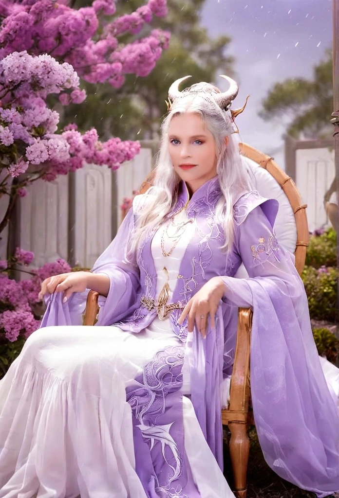 Королева Белого Дракона, молодая зрелая женщина, "Галадриэль, ЭМИЛИАКЛАРК", элегантное сиреневое рубиновое платье, большая мама, пышный, волосы дракона линга, Супер длинные волосы, мягкие черты лица, Рога белого дракона на голове, величественная женщина, серебряное украшение на ее сиреневом рубиновом платье, Королева Серебряной Звезды, Большие фиолетовые глаза, вишневые губы, Белые драконы, звездное небо