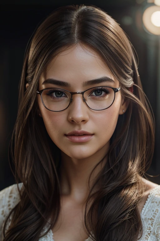 a girl wearing glasses, beautiful detailed eyes, beautiful detailed lips, extremely detailed face, longeyelashes, intricate hairstyle, delicate facial features, soft lighting, warm color tones, cinematic composition, digital painting, highly detailed, 8k, ultra-detailed, (best quality,4k,8k,highres,masterpiece:1.2),ultra-detailed,(realistic,photorealistic,photo-realistic:1.37),HDR,UHD,studio lighting,extreme detail description,professional,vivid colors,portrait
