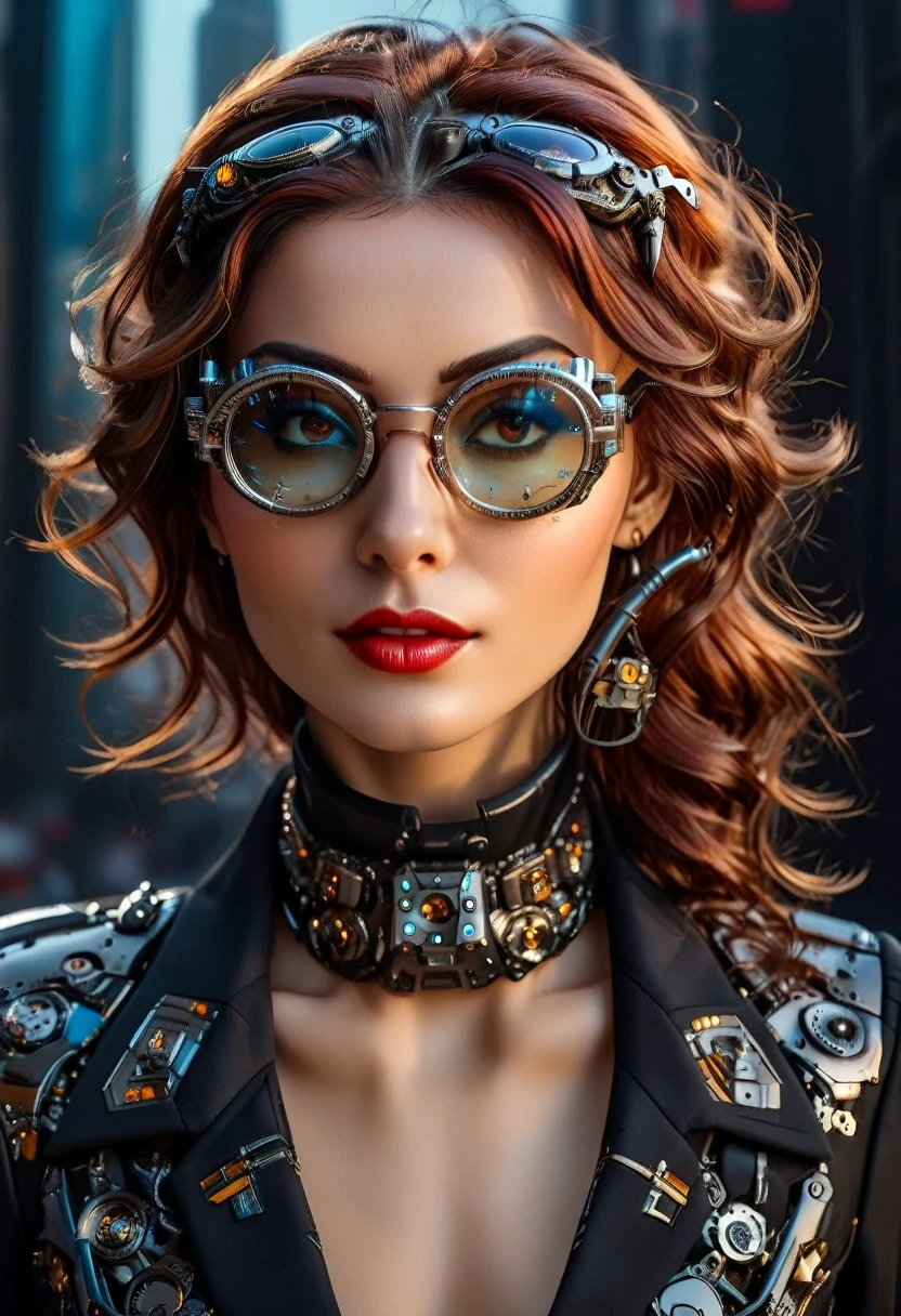 Arafed ein Bild einer menschlichen Spionin, Tragen dark suit, Tragen ((Mecha-Brille: 1.5))exquisite schöne Frau, dynamische Augenfarbe, dynamische Haarfarbe, dynamische Frisur, (Tragen elegant intricate details glasses: 1.3), dynamische Farbbrille, Brille im dynamischen Stil, Gläser haben komplizierte mechanische Teile darin, Hintergrund einer High-Society-Galaveranstaltung, (Meisterwerk: 1.5),  beschwingt, ultrahohe Auflösung, Hoher Kontrast, Meisterwerk:1.2, höchste Qualität, Beste Ästhetik), beste Details, beste Qualität, highres, Ultraweitwinkel, 16k, [Extrem detailliert], Meisterwerk, beste Qualität, (Extrem detailliert), Mechanische Kreaturen