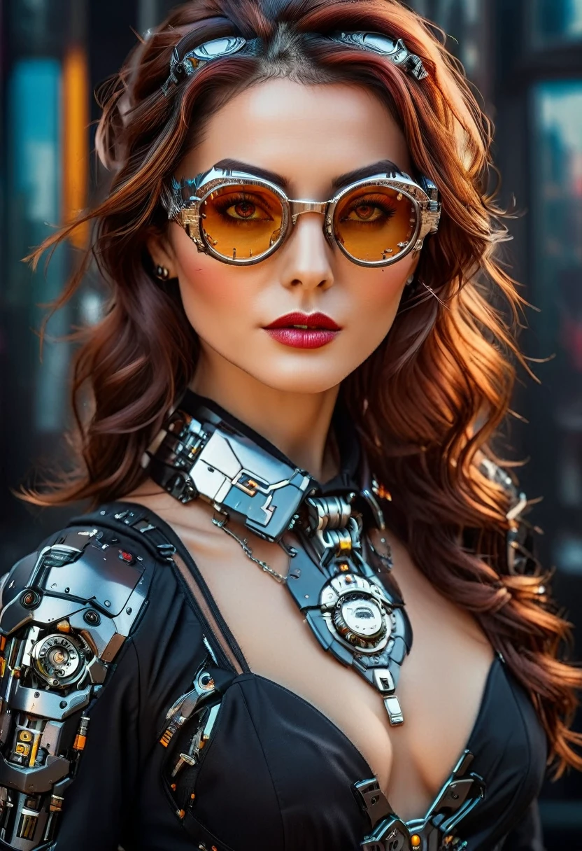 Arafed ein Bild einer menschlichen Spionin, Tragen dark suit, Tragen ((Mecha-Brille: 1.5))exquisite schöne Frau, dynamische Augenfarbe, dynamische Haarfarbe, dynamische Frisur, (Tragen elegant intricate details glasses: 1.3), dynamische Farbbrille, Brille im dynamischen Stil, Gläser haben komplizierte mechanische Teile darin, Hintergrund einer High-Society-Galaveranstaltung, (Meisterwerk: 1.5),  beschwingt, ultrahohe Auflösung, Hoher Kontrast, Meisterwerk:1.2, höchste Qualität, Beste Ästhetik), beste Details, beste Qualität, highres, Ultraweitwinkel, 16k, [Extrem detailliert], Meisterwerk, beste Qualität, (Extrem detailliert), Mechanische Kreaturen