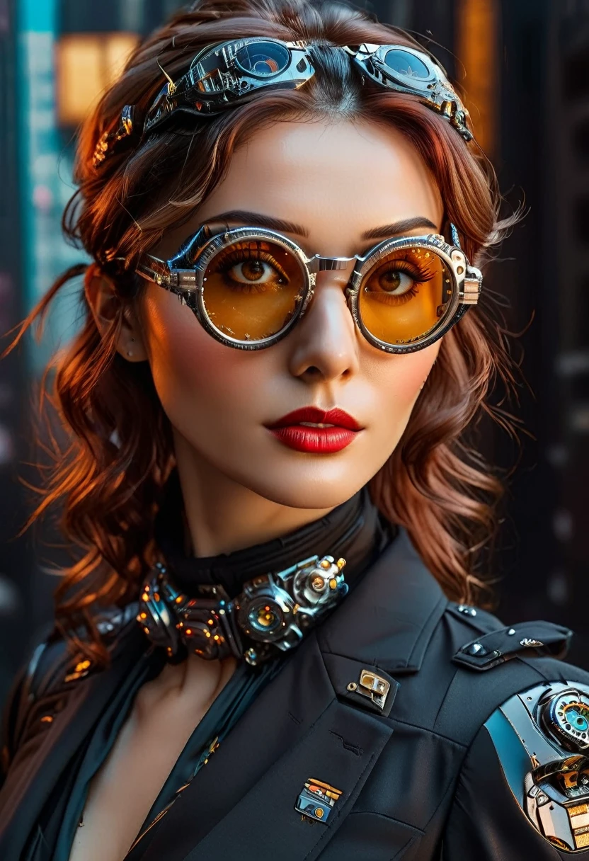 Arafed a picture of a human female spy, wearing dark suit, wearing ((mecha glasses: 1.5))exquisite beautiful female, dynamic eye color, dynamic hair color, dynamic hair style, (wearing elegant intricate details glasses: 1.3), dynamic color glasses, dynamic style glasses, glasses has intricate mechanical part in it, a high society gala event background, (Masterpiece: 1.5),  Vibrant, Ultra-high resolution, High Contrast, masterpiece:1.2, highest quality, Best aesthetics), best details, best quality, highres, ultra wide angle, 16k, [ultra detailed], masterpiece, best quality, (extremely detailed), Mechanical Creatures