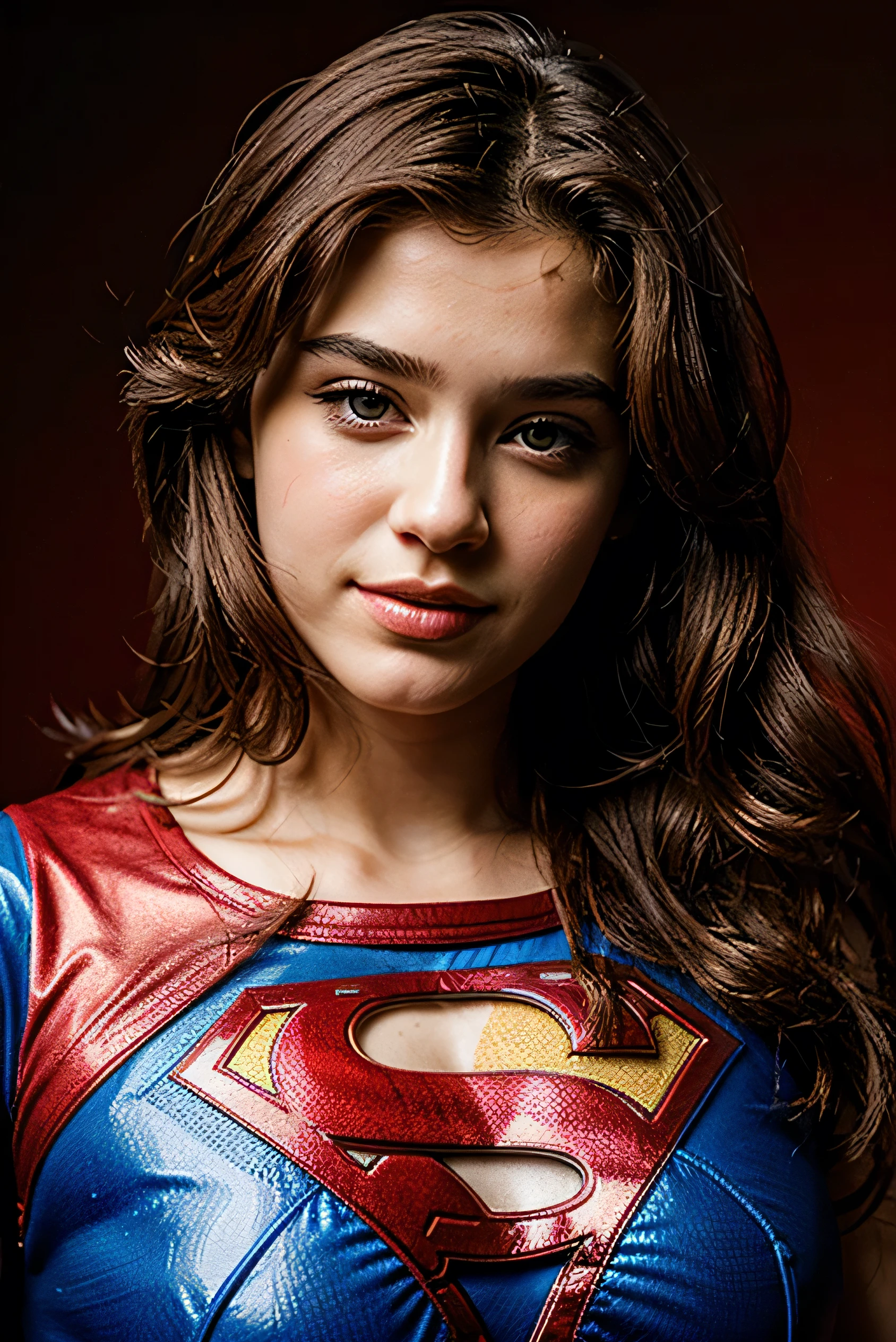面容完美, 15 岁女孩的美丽脸庞, 扮成超人, 红色背景, 