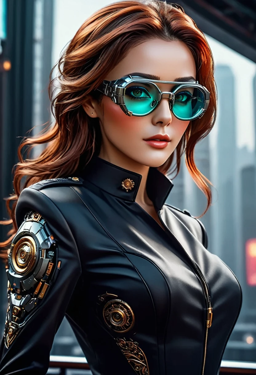 Arafed a picture of a human female spy, wearing dark suit, wearing ((mecha glasses: 1.5))exquisite beautiful female, dynamic eye color, dynamic hair color, dynamic hair style, (wearing elegant intricate details glasses: 1.3), dynamic color glasses, dynamic style glasses, glasses has intricate mechanical part in it, a high society gala event background, (Masterpiece: 1.5),  Vibrant, Ultra-high resolution, High Contrast, masterpiece:1.2, highest quality, Best aesthetics), best details, best quality, highres, ultra wide angle, 16k, [ultra detailed], masterpiece, best quality, (extremely detailed), Mechanical Creatures