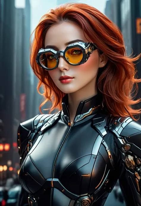 arafed a picture of a human female spy, wearing dark suit, wearing ((mecha glasses: 1.5))exquisite beautiful female, dynamic eye...