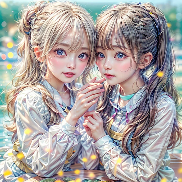 SFW, ((David Hamilton:1.37, White and RainbowColors))、Extremely Detailed (PUNIPUNI Oppai-Loli Twins), Dynamic-angle), {(((Kissing face to face:1.37) Against the Nipples to Nipples Pressing hard))| ZoomedOut }、{(Floating hair with Strong wind)|French Braid|bun}, (8K best quality Masterpiece:1.2)((Photo-realistic:1.37)), { kodachrome | realistic | photorealistic | RAW }  BREAK  (((Detailed KAWAII Face variations))), Detailed Radiant PearlSkin, Smooth shading, (((SoftFocus, BokeH))), Soft Lighting, ((school uniform)), {Flowers|Flower wreath|smile|Joyful|Pleasuring|Different types of hair colors}、{(Light Particles:1.2)|(Lens Flare)|(Luminescent Particles:0.6)}、{(((Just a heads above the Lake))) |Sparkling Lake surface|Splashing water|Before dawn|magic hour|morning glow|foggy|Haze|(Dazzling Colored Horizon)}、{(((HiddenHand)))|((Corrected BabyLike Hand))} . PICHIPICHI