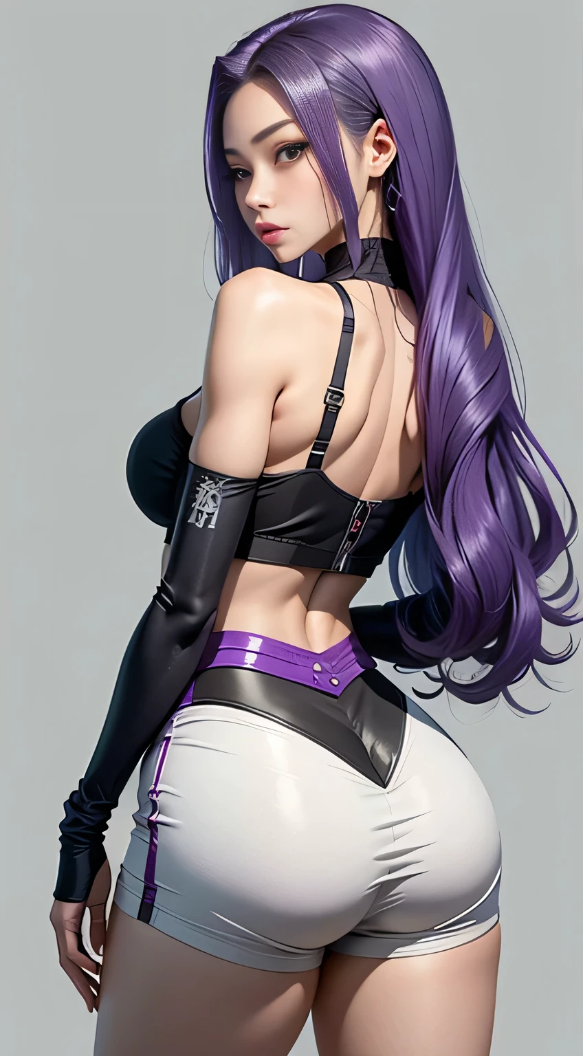 sfw, Girl with long purple hair, Slim, bike shorts, seen from behind, wearing bra,((skinny waist)), young asian girl, ((big breasted)),