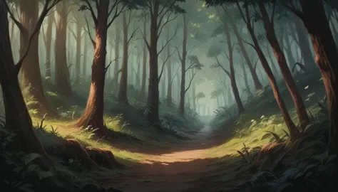 Create an image of an enchanted forest with trees and a trail with a vanishing point, side image, in the style of a Disney carto...