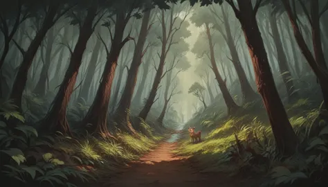 Create an image of an enchanted forest with trees and a trail with a vanishing point, side image, in the style of a Disney carto...