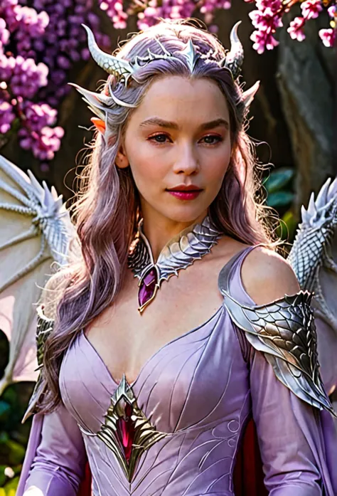 Queen of the White Dragon, mulher madura jovem, "Galadriel, EMÍLIACLARKE", elegant lilac Ruby dress, mama grande, Curvy, dragon ...
