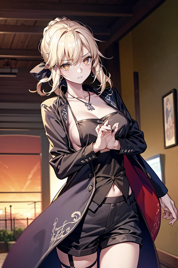 One girl, Red eyes, chest, large chest, Shorts, Crop Topwear, shot_jacket View Viewer, Thigh straps, (Super detailed)), ((figure)), ((Disheveled Hair)), (beautiful Fine grain), beautiful, wonderful, Fine grain, (((masterpiece))), (Realistic:0.5), Highest quality, woman, seductive Anime Girls, chest and Browsing Caution, beautiful alluring anime woman, beautiful alluring anime teen, (Anime Girls), with a large chest, [ 4k digital art ]!!, attractive Anime Girls, beautiful Anime Girls, Sexy Girl, Anime Girls, Anime Girlss, Kantai Collection Style, masterpiece, Browsing Caution, Highest quality, masterpiece, Highest quality,Official Art,Highly detailed CG Unity 8k wallpaper, I slicked my hair back., Earrings, necklace, freckles, View Viewer, Bokeh Background,Body-facing camera, close,