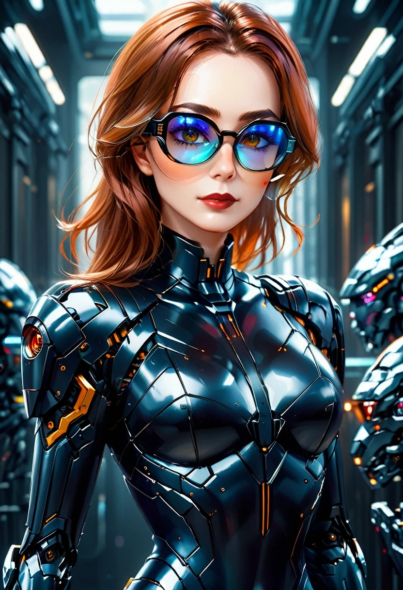 Arafed a picture of a human female spy, wearing dark suit, wearing ((mecha glasses: 1.5))exquisite beautiful female, dynamic eye color, dynamic hair color, dynamic hair style, glasses has intricate mechanical part in it, high society gala event background, (Masterpiece: 1.5),  Vibrant, Ultra-high resolution, High Contrast, masterpiece:1.2, highest quality, Best aesthetics), best details, best quality, highres, ultra wide angle, 16k, [ultra detailed], masterpiece, best quality, (extremely detailed), Mechanical Creatures