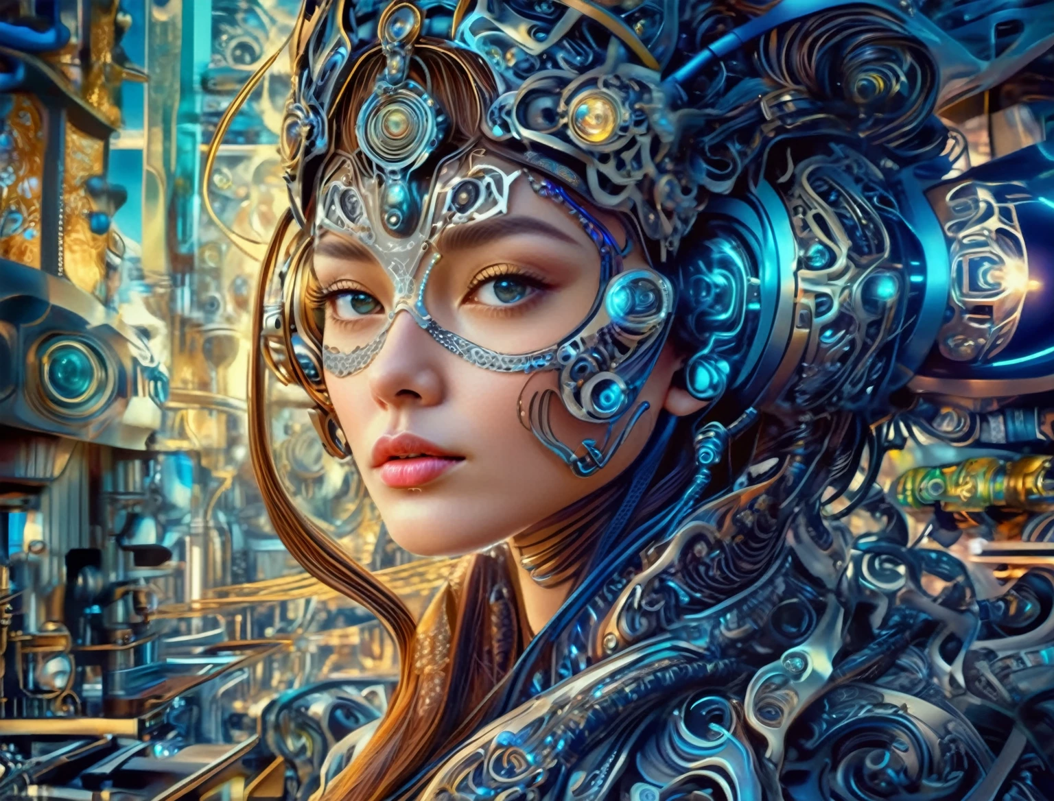 un gros plan d&#39;une femme avec un casque futuriste et une machine, art numérique fantastique détaillé, Art numérique 4K très détaillé, magnifique art numérique, superbe art numérique avec des détails, Portrait d&#39;une reine cyborg, art steampunk numérique, art numérique élaboré, superbe art numérique, belle œuvre d&#39;art numérique, peinture numérique complexe, art fantastique détaillé, cyborg - fille