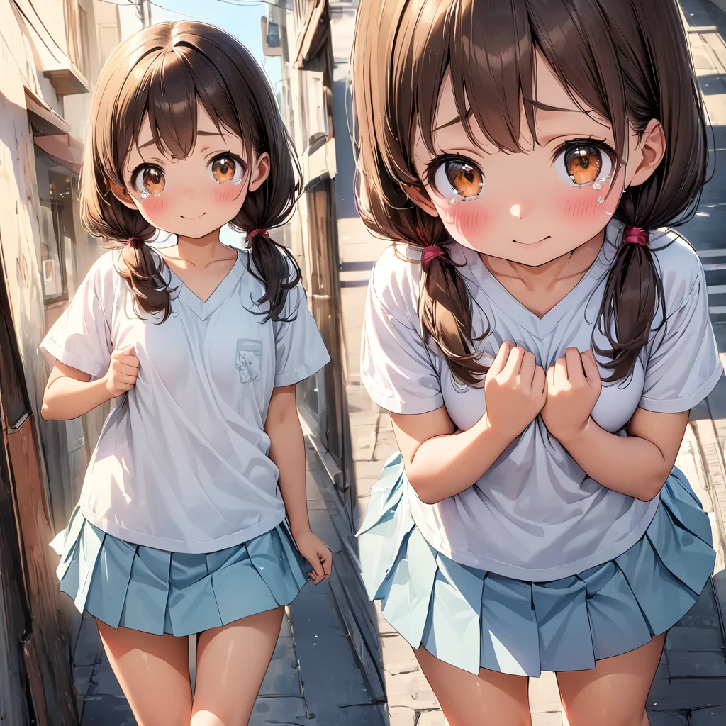 (Pastel color:1.3), (child:1.2), beautiful illustration, (perfect lighting, natural lighting), beautiful detailed hair, beautiful detailed face, beautiful detailed eyes, beautiful clavicle, beautiful body, beautiful chest, beautiful thigh, beautiful legs, beautiful hands, cute and symmetrical face, shiny skin, (detailed cloth texture:1.2), (white satin bra peek:1.0), (white satin pantie peek:1.0), (pink satin pantie:1.0),(beautiful scenery), (lovely smile, upper eyes), (dimple:1.5), (ultra illustrated style:1.3), (ultra detailed pantie:1.5), (beautiful faces detailed, real human skin:1.2), 
(oversize vneck Tshirts:1.5), (cute t-shirts:1.3), 
(bra shot:1.3), (skirts:1.5), (pantie shot:1.3), (perspiring:1.5), (embarrassed, blush:1.3), 
(1 girl:1.4), (9 years old, height 1.2meters, chubby 28kg, tareme:1.3), (orange eyes with a hint of pink:1.3), (dark brown hair:1.7), (straight hair:1.7), (low twintails:1.7), (red hair tie:1.7), (large and soft breasts, Slender body, Small Ass:1.7), small nipples, fair skin, (necklace), (Droopy eyes:1.2), 
(cry:1.8),
(street:1.3), 
(dynamic angle, sexypose:1.4), (from bellow:1.8),
elicate details, depth of field, best quality, anatomically correct, high details, HD, 8k,
