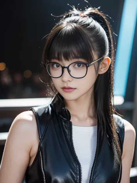 (raw photos, highest quality), (glasses), 派手なフレームのglasses, masterpiece, natural light, 1 girl, future, female model, neon light,...