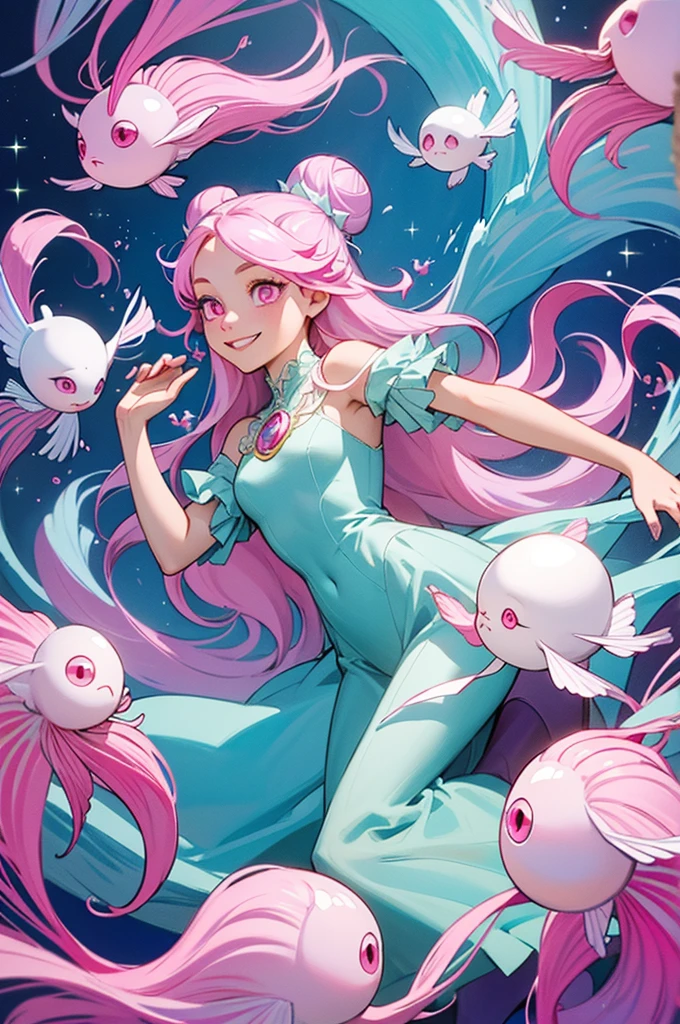 throw, ((masterpiece, Highest quality)), whole body, One girl, alone, (Long Hair:1.1),(Hair Ribbon:0.4), (((Pink Eyes))),(((White bun hair))),(((Long pink hair))),(((smile))),
 Create an enchanting and fantastical underwater scene featuring a girl with sparkling blue eyes and flowing hair like a deep sea treasure。. She floats gracefully in the crystal clear water, Surrounded by fascinating exotic fish, Creating a ballet with harmonious movement and color. The girl&#39;s delicate hands、Vibrant, The fish scales glitter as they sway around her., Forming complex patterns、Illuminates water with an otherworldly glow。. Sunlight penetrates the surface, Cast magic, Dappled light dances on her skin and the marine life around her.. background, Lush underwater gardens with swaying seaweed and coral reefs create a mesmerizing atmosphere.。. This breathtaking image、It should evoke a sense of wonder., Tranquility, and the serene beauty of the underwater world, It expresses the mysterious connection between the girl and aquatic life.,{Detailed and beautiful eyes}, finely,  Detailed and beautiful eyes,