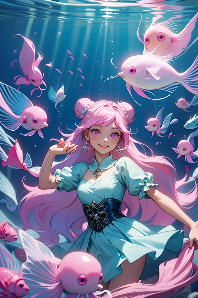 throw, ((masterpiece, Highest quality)), whole body, One girl, alone, (Long Hair:1.1),(Hair Ribbon:0.4), (((Pink Eyes))),(((White bun hair))),(((Long pink hair))),(((smile))),
 Create an enchanting and fantastical underwater scene featuring a girl with sparkling blue eyes and flowing hair like a deep sea treasure。. She floats gracefully in the crystal clear water, Surrounded by fascinating exotic fish, Creating a ballet with harmonious movement and color. The girl&#39;s delicate hands、Vibrant, The fish scales glitter as they sway around her., Forming complex patterns、Illuminates water with an otherworldly glow。. Sunlight penetrates the surface, Cast magic, Dappled light dances on her skin and the marine life around her.. background, Lush underwater gardens with swaying seaweed and coral reefs create a mesmerizing atmosphere.。. This breathtaking image、It should evoke a sense of wonder., Tranquility, and the serene beauty of the underwater world, It expresses the mysterious connection between the girl and aquatic life.,{Detailed and beautiful eyes}, finely,  Detailed and beautiful eyes,
