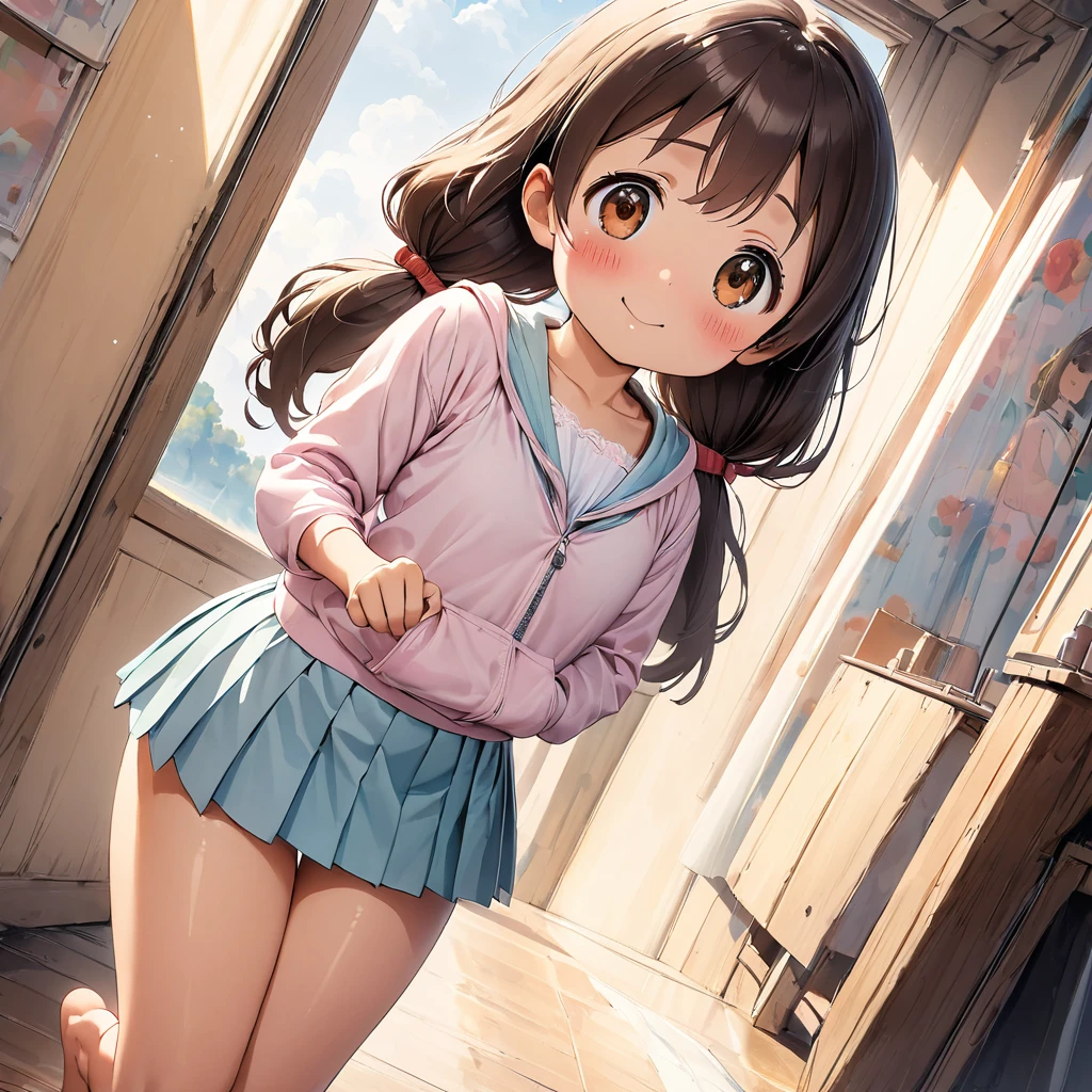 (Pastel color:1.5), (child:1.2), beautiful illustration, (perfect lighting, natural lighting), beautiful detailed hair, beautiful detailed face, beautiful detailed eyes, beautiful clavicle, beautiful body, beautiful chest, beautiful thigh, beautiful legs, beautiful hands, cute and symmetrical face, shiny skin, (detailed cloth texture:1.2), (white satin bra peek:1.0), (white satin pantie peek:1.0), (pink satin pantie:1.0),(beautiful scenery), (lovely smile, upper eyes), (dimple:1.5), (ultra illustrated style:1.3), (ultra detailed pantie:1.5), (beautiful faces detailed, real human skin:1.2), 
hoodie, Bottomless, (Barefoot:1.3), (bra shot:1.3), (skirts:1.5), (pantie shot:1.3), (perspiring:1.5), (embarrassed, blush:1.3), 
(1 girl:1.4), (9 years old, height 1.2meters, chubby 28kg, tareme:1.3), (orange eyes with a hint of pink:1.3), (dark brown hair:1.7), (straight hair:1.7), (low twintails:1.7), (red hair tie:1.7), (large and soft breasts, Slender body, Small Ass:1.7), small nipples, fair skin, (necklace), (Droopy eyes:1.2), 
(Bed:1.3), 
(dynamic angle, sexypose:1.4), (from side:1.3), (from bellow:1.8), fromabove, 
elicate details, depth of field, best quality, anatomically correct, high details, HD, 8k,
