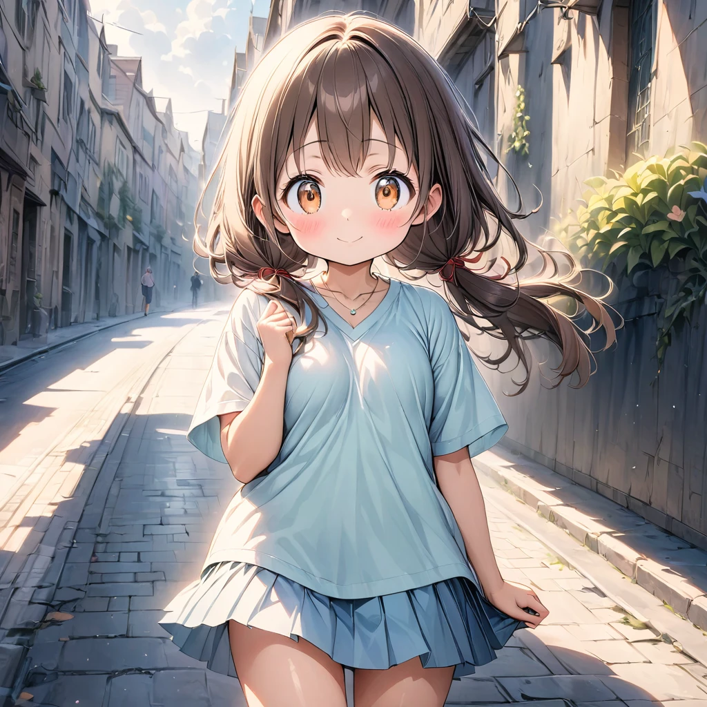 (Pastel color:1.3), (child:1.2), beautiful illustration, (perfect lighting, natural lighting), beautiful detailed hair, beautiful detailed face, beautiful detailed eyes, beautiful clavicle, beautiful body, beautiful chest, beautiful thigh, beautiful legs, beautiful hands, cute and symmetrical face, shiny skin, (detailed cloth texture:1.2), (white satin bra peek:1.0), (white satin pantie peek:1.0), (pink satin pantie:1.0),(beautiful scenery), (lovely smile, upper eyes), (dimple:1.5), (ultra illustrated style:1.3), (ultra detailed pantie:1.5), (beautiful faces detailed, real human skin:1.2), 
(oversize vneck Tshirts:1.5), (cute t-shirts:1.3), (bra shot:1.3), (skirts:1.5), (pantie shot:1.3), (perspiring:1.5), (embarrassed, blush:1.3), 
(1 girl:1.4), (9 years old, height 1.2meters, chubby 28kg, tareme:1.3), (orange eyes with a hint of pink:1.3), (dark brown hair:1.7), (straight hair:1.7), (low twintails:1.7), (red hair tie:1.7), (large and soft breasts, Slender body, Small Ass:1.7), small nipples, fair skin, (necklace:1.3), (Droopy eyes:1.2), 
(street:1.3), 
(dynamic angle, sexypose:1.4), (side view:1.8), (looking away:1.4),  
elicate details, depth of field, best quality, anatomically correct, high details, HD, 8k,
