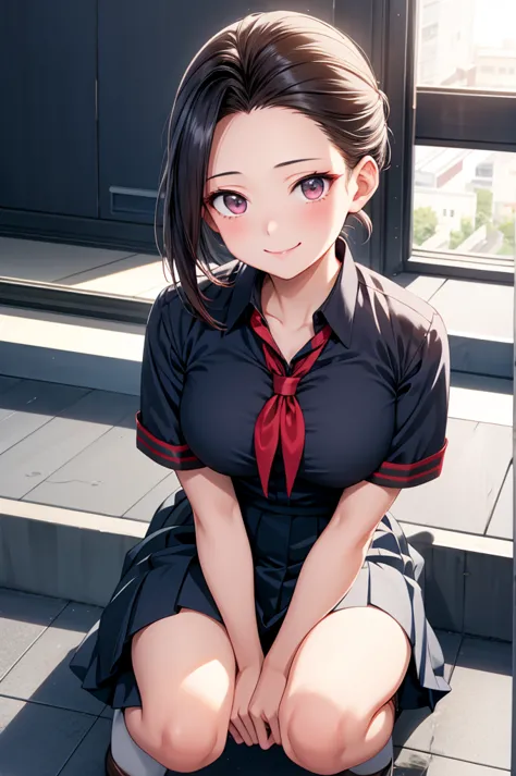 Momo Yaoyorozu,Kneel crossed legs、Anime girl with shirt tucked to chest, Beautiful anime girl crouching, Anime girl crouching, a...