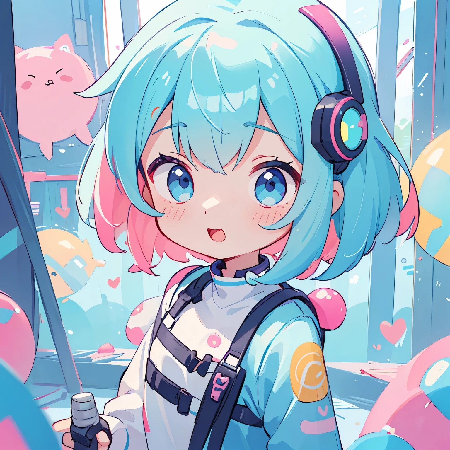 Vibrant art,pop、bright、colorful, 1 female, Light blue hair,　short hair、Happy,cute, animation style, kawaii, clearly, colorful cyberpunk, bubblegum pop, cute、Pink and light blue as main colors、I&#39;m cheering loudly、　Headphonesをしている、Headphoneusic、