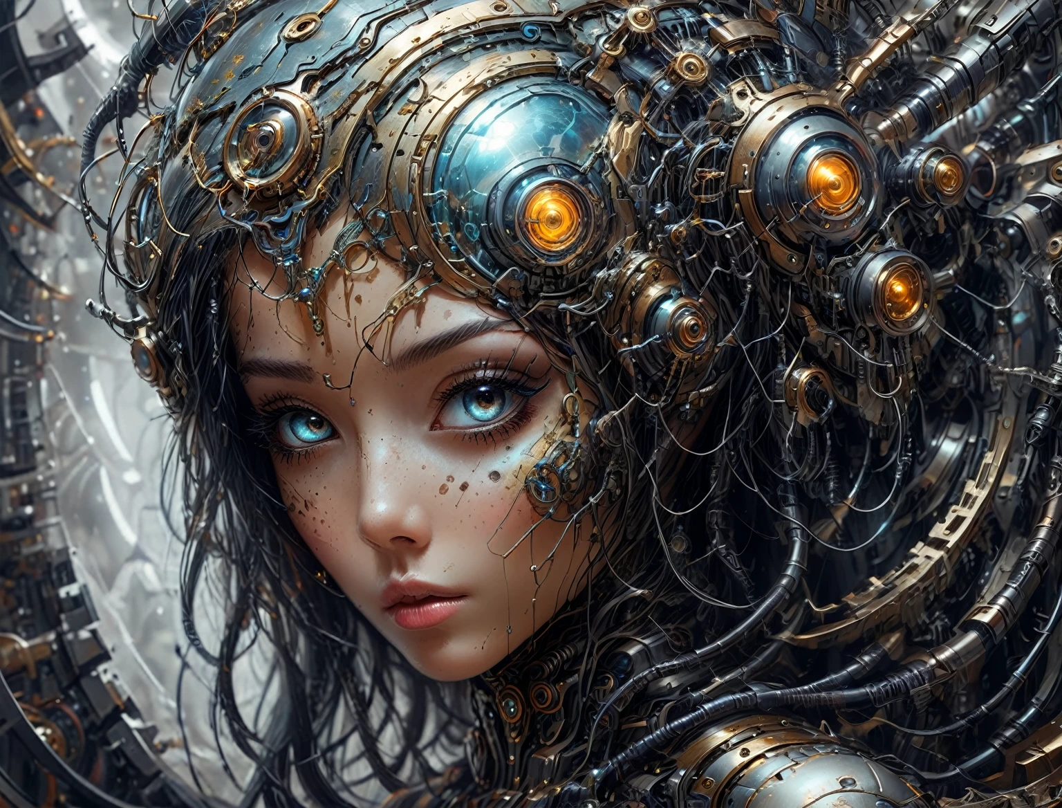 un gros plan d&#39;une femme avec un casque futuriste et une machine, art numérique de fantasy détaillé, Art numérique 4K très détaillé, magnifique art numérique, superbe art numérique avec des détails, portrait d&#39;une reine cyborg, art steampunk numérique, art numérique élaboré, superbe art numérique, Magnifique œuvre d'art numérique, peinture numérique complexe, Art fantastique détaillé, Cyborg - Fille