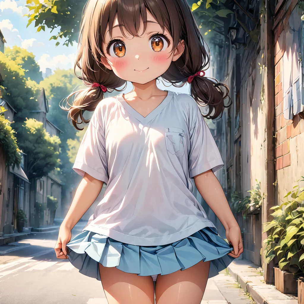 (Pastel color:1.3), (child:1.2), beautiful illustration, (perfect lighting, natural lighting), beautiful detailed hair, beautiful detailed face, beautiful detailed eyes, beautiful clavicle, beautiful body, beautiful chest, beautiful thigh, beautiful legs, beautiful hands, cute and symmetrical face, shiny skin, (detailed cloth texture:1.2), (white satin bra peek:1.0), (white satin pantie peek:1.0), (pink satin pantie:1.0),(beautiful scenery), (lovely smile, upper eyes), (dimple:1.5), (ultra illustrated style:1.3), (ultra detailed pantie:1.5), (beautiful faces detailed, real human skin:1.2), 
(oversize vneck Tshirts:1.5), (cute t-shirts:1.3), (bra shot:1.3), (skirts:1.5), (pantie shot:1.3), (perspiring:1.5), (embarrassed, blush:1.3), 
(1 girl:1.4), (9 years old, height 1.2meters, chubby 28kg, tareme:1.3), (orange eyes with a hint of pink:1.3), (dark brown hair:1.7), (straight hair:1.7), (low twintails:1.7), (red hair tie:1.7), (large and soft breasts, Slender body, Small Ass:1.7), small nipples, fair skin, (necklace), (Droopy eyes:1.2), 
(street:1.3), 
(dynamic angle, sexypose:1.4), side view, (from bellow:1.8), fromabove, 
elicate details, depth of field, best quality, anatomically correct, high details, HD, 8k,

