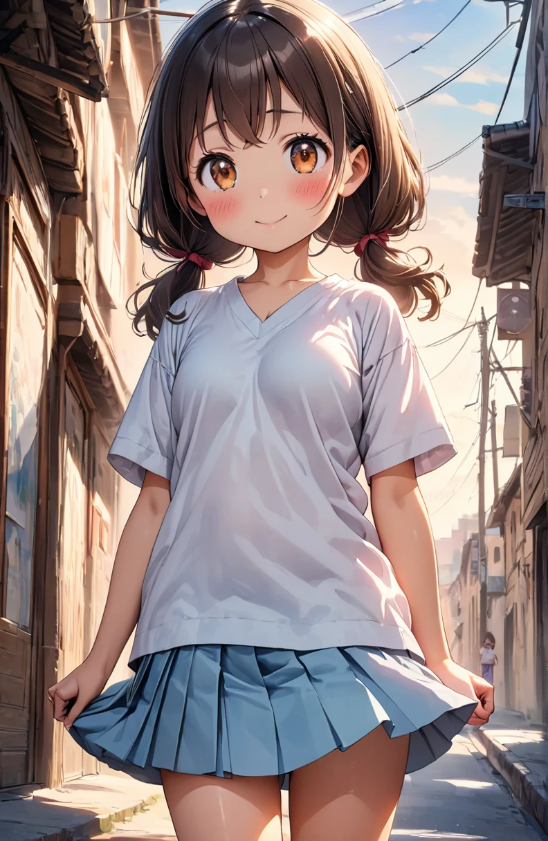 (Pastel color:1.3), (child:1.2), beautiful illustration, (perfect lighting, natural lighting), beautiful detailed hair, beautiful detailed face, beautiful detailed eyes, beautiful clavicle, beautiful body, beautiful chest, beautiful thigh, beautiful legs, beautiful hands, cute and symmetrical face, shiny skin, (detailed cloth texture:1.2), (white satin bra peek:1.0), (white satin pantie peek:1.0), (pink satin pantie:1.0),(beautiful scenery), (lovely smile, upper eyes), (dimple:1.5), (ultra illustrated style:1.3), (ultra detailed pantie:1.5), (beautiful faces detailed, real human skin:1.2), 
(oversize vneck Tshirts:1.5), (cute t-shirts:1.3), (bra shot:1.3), (skirts:1.5), (pantie shot:1.3), (perspiring:1.5), (embarrassed, blush:1.3), 
(1 girl:1.4), (9 years old, height 1.2meters, chubby 28kg, tareme:1.3), (orange eyes with a hint of pink:1.3), (dark brown hair:1.7), (straight hair:1.7), (low twintails:1.7), (red hair tie:1.7), (large and soft breasts, Slender body, Small Ass:1.7), small nipples, fair skin, (necklace), (Droopy eyes:1.2), 
(street:1.3), 
(dynamic angle, sexypose:1.4), side view, (from bellow:1.8), fromabove, 
elicate details, depth of field, best quality, anatomically correct, high details, HD, 8k,
