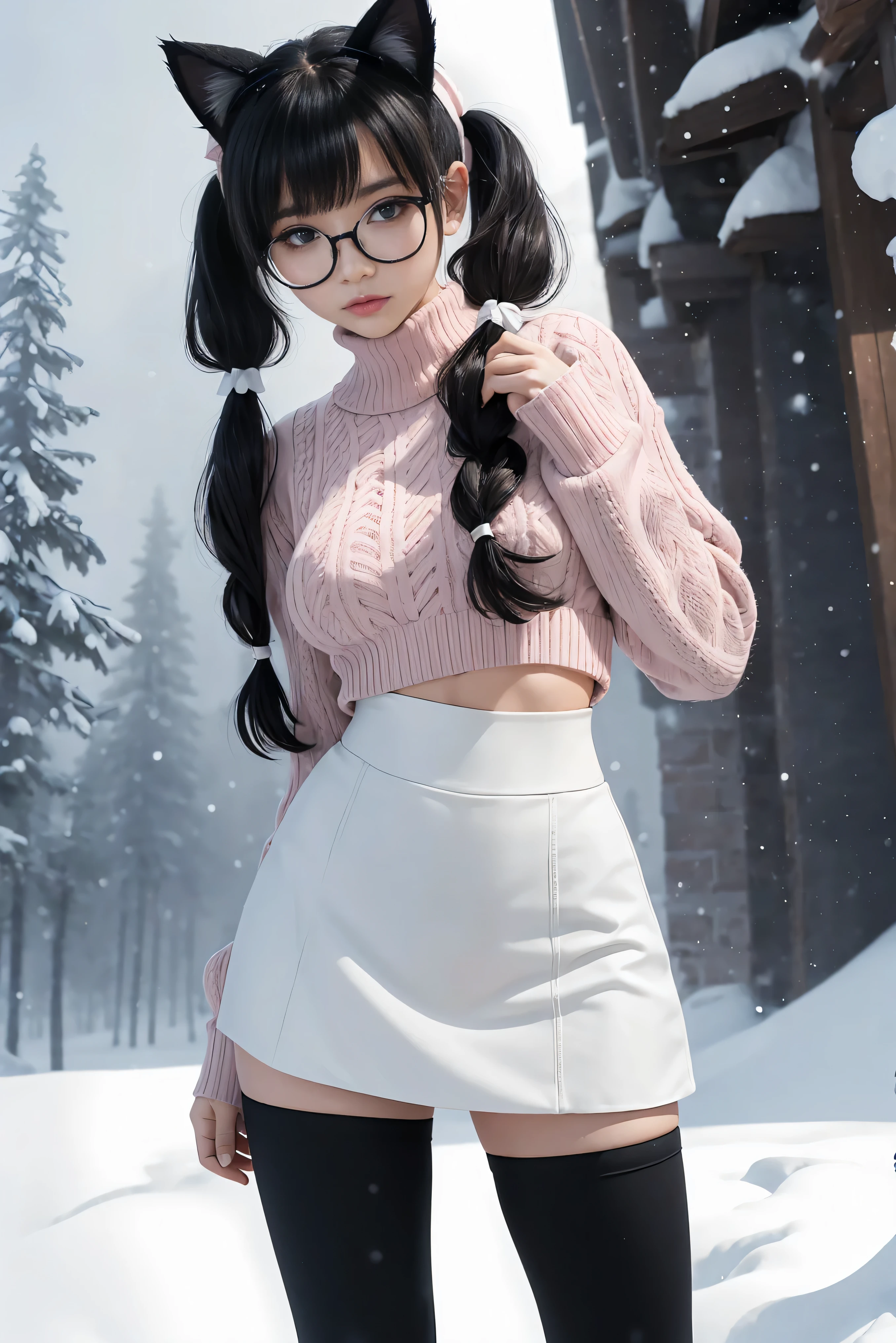 (Best Quality,High resolution:1.2), Ultra-detailed, Realistic portrait, hot Russian girl, pretty face, perfect long legs, full body, tiny waist. large breasts, standing, tight white cropped jumper, black high waist leggings, pink and white snow boots, in the snow, large blue eyes, long black hair tied up with a ribbon, pigtails, tight high waist mini skirt, woolen socks, hair bangs, snowing, foggy, (large round black rimmed glasses), cat ears, large bow at the back of head