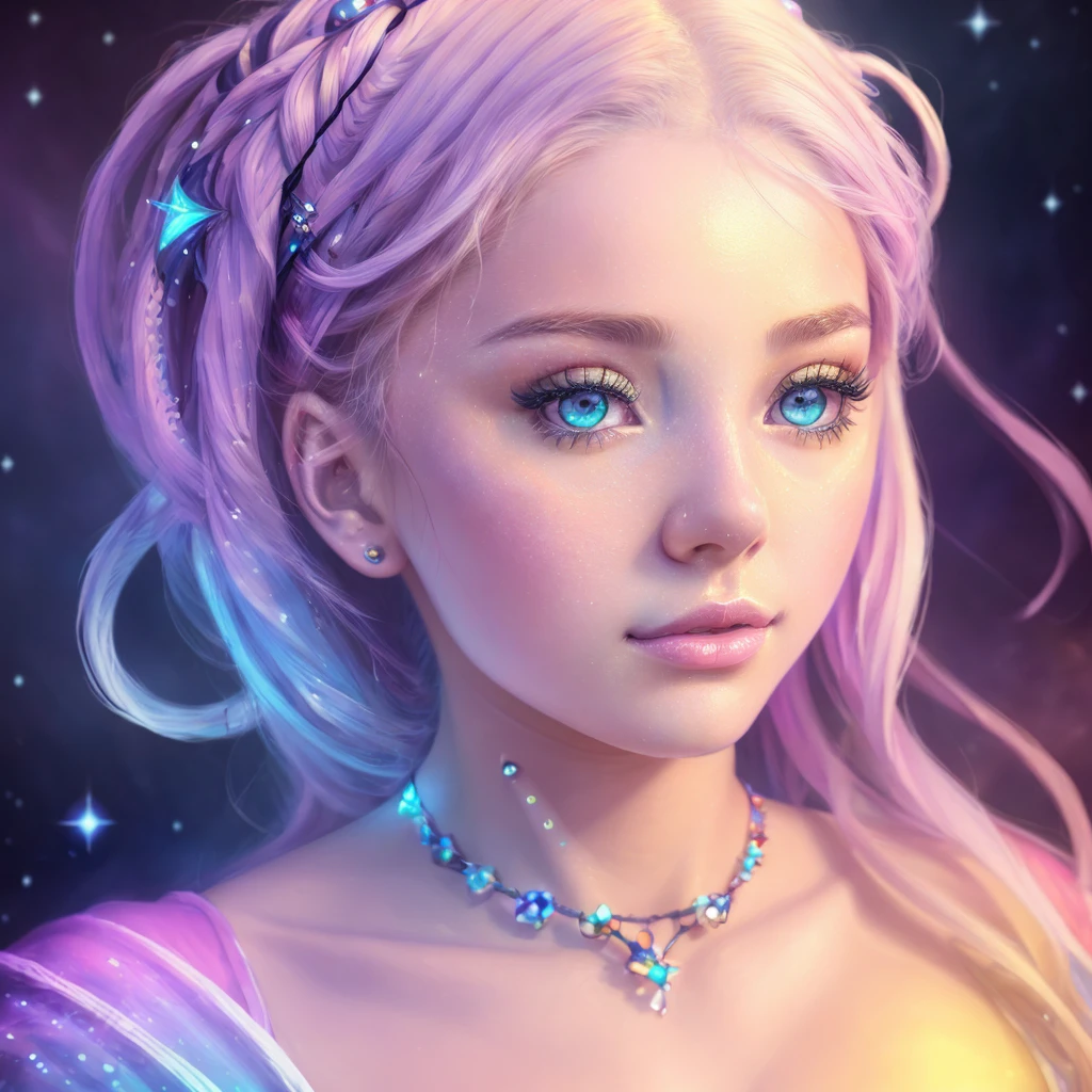 masterpiece, Awesome girl, pretty girl, bust, High Detail Eyes, Perfect Eyes, Portraiture, A face with attention to detail, Same eyes, Glare, Rainbow colors, Global Illumination, Soft Light, Dream Light, Digital Painting, 8K Close-up, Fantasy, Night Sky, performer, nebula, White Crystal, moonlight, Tranquility, summer, (8K:1.1)