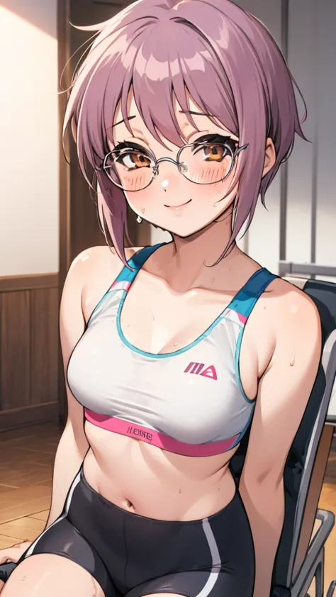  looking at viewer, 1girl, female, solo, blush, sweating, smile, ny1, glasses, ,sports bra,bike shorts